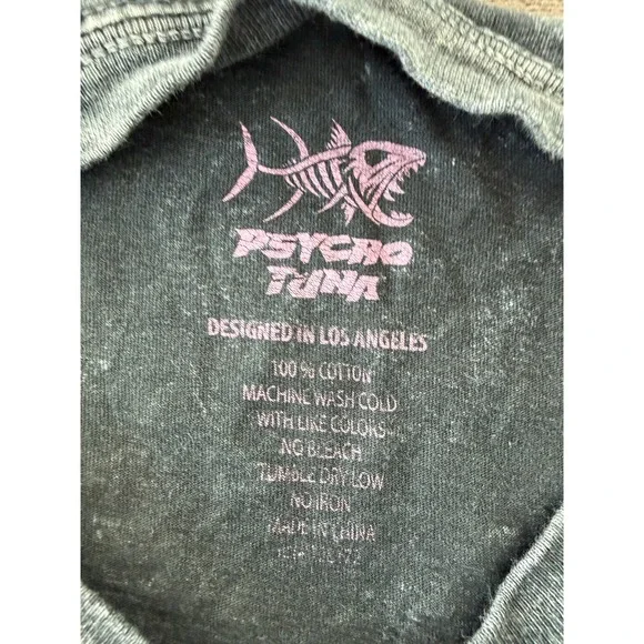 Psycho Tuna Mens Acid Wash Graphic T-Shirt Skeleton Fish Grey Teal Pink Small - Picture 4 of 7